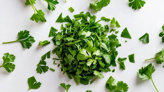 Isolated fresh green chopped parsley leaves on a white background.