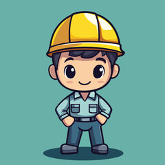 Cartoon Construction Worker with Yellow Hardhat and Hands on Hips