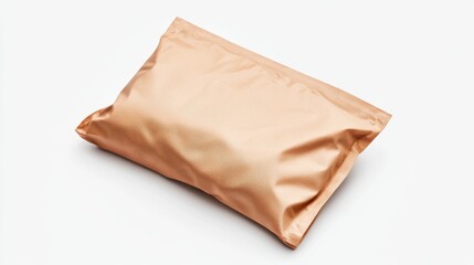 A simple, reflective, metallic, peach-colored textile pouch rests gently on a clean white studio background with even, natural lighting.