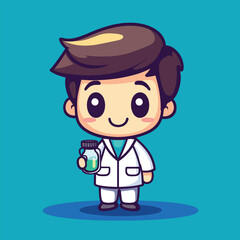 Cartoon doctor holding a vial of green liquid with a smile