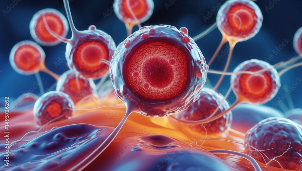 Poster close-up of red biological cells with connecting structures in a vibrant microscopic environment