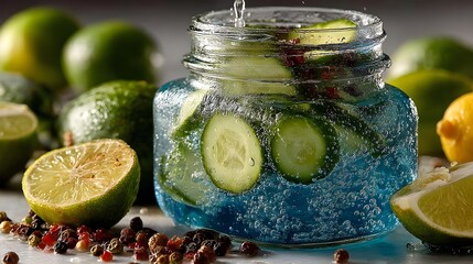 A frosted glass jar filled with sparkling water and cucumber slices, perfect for refreshing visuals, placed on white --ar 16:9 --v 7.0 --s 750