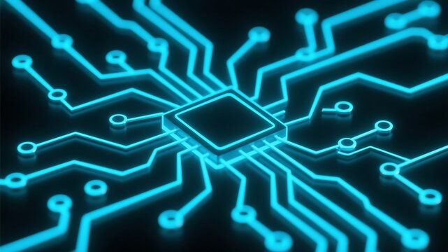 Glowing neon circuit board design representing digital technology and semiconductor processing