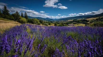 Fototapeta premium A field filled with many purple flowers beneath a clear blue sky and in the background, a majestic mountain range can be seen