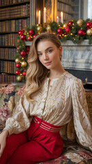 woman in red dress with christmas tree