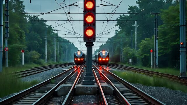 Trains waiting at railway junction under red signal lights with tracks running through forested landscape