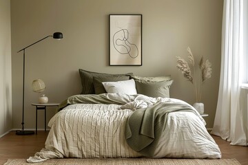 Serene Bedroom Interior: Earth Tones Natural Light and Textured Linens Invite Calm