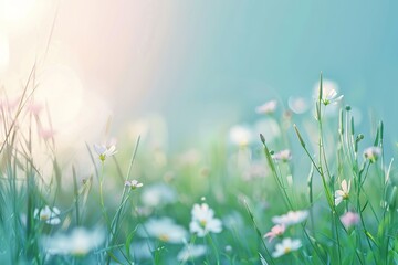 Fototapeta premium Serene field of wildflowers and grass bathed in soft light and tranquil atmosphere