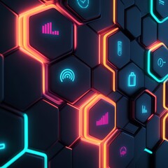 Fototapeta premium Neon Hexagon Tech Interface Glowing Icons on Black, Futuristic , Technology