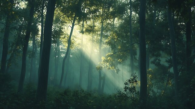 Misty forest scene with sunlight beams. - Powered by Adobe