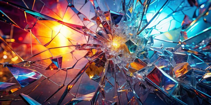 Shattered Glass with Vibrant Colors and Light, 3D Render, Abstract Art, Broken, Reflection