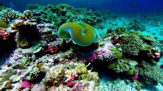 Underwater scene showcasing a large light yellow sea squirt clinging to a vibrant coral reef with small fish swimming around, close-up shot.