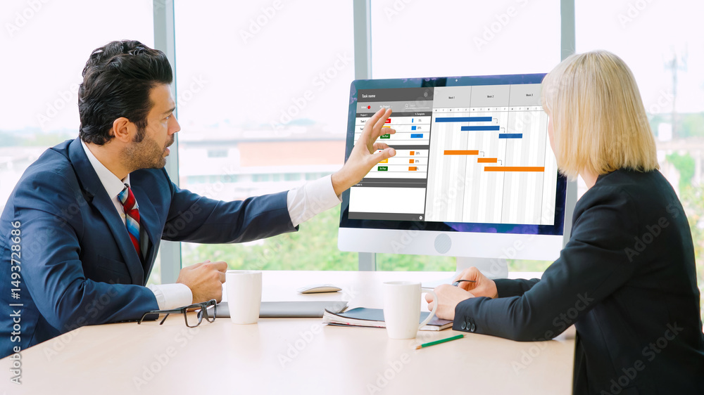 Poster project planning software for modish business project management on the computer screen showing time