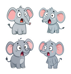 Set of four surprised cartoon baby elephants with big eyes, pink ears, and expressive faces