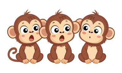 Cute brown fur primates sitting with expressive shocked and curious facial expressions