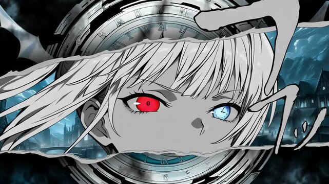 Anime girl like in manga on the background of a clock, anime wallpaper