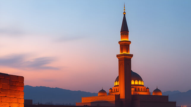 The evening azan echoing from the iconic minaret of kalon in bukhara, with warm lights illuminating the mosque. Echoing - Canyons. Illustration