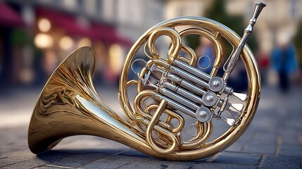Golden French horn resting on street