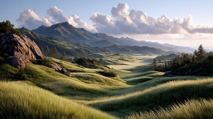 Golden grasslands meet misty mountains under a pastel sky