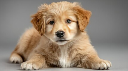   A dog sitting alone on a gray background with a melancholic expression