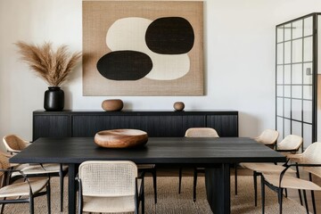 Modern dining room with dark wood and beige accents