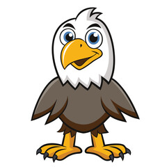 Cartoon eagle with bright blue eyes stands alert with a slight smile on his face