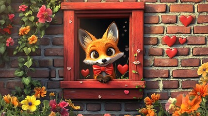 Cute fox peeking from a red window framed by flowers and hearts.