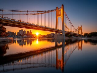 Fototapeta premium Golden sunrise illuminates a reflective bridge