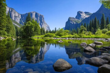 Obraz premium Yosemite valley landscape with river and mountain reflections