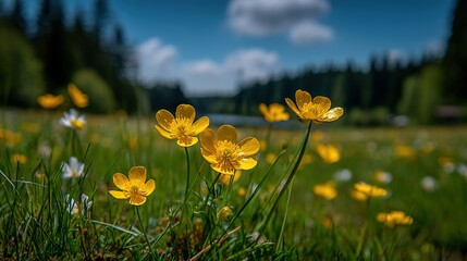Fototapeta premium Field of yellow flowers under blue sky and scattered clouds