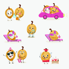 Pitomba fruit cute funny cheerful characters with different poses and emotions. Vector hand drawnvector illistration.