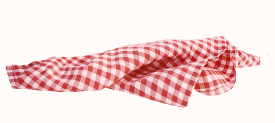 Crumpled red checkered kitchen towel isolated on white background