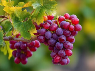 Fototapeta premium Grapes glistening with dew vine leaves nearby