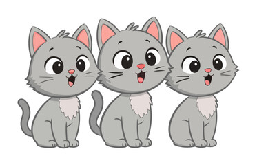 Cute Cartoon Gray Kittens Trio Sitting with Happy Expressions