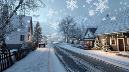 Naklejka premium A charming snow-covered village street glows warmly with festive holiday lights and large decorative snowflakes falling from the winter sky.