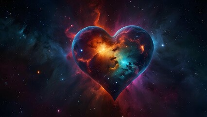 A cosmic nebula in the shape of a heart, filled with radiant Pride colors, stars shining within, outer space scene.