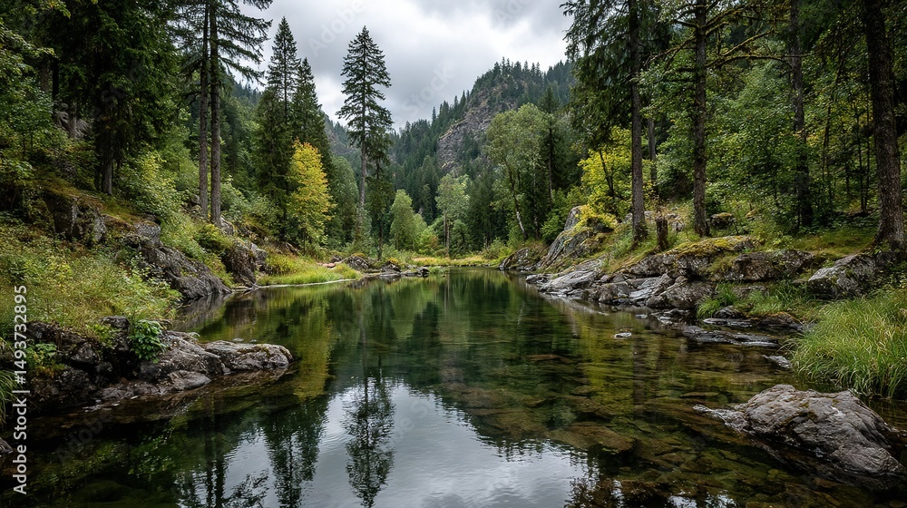 Poster a river flowing through a dense forest, surrounded by towering trees and jagged rocks on either side