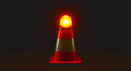 A traffic cone with a flashing yellow light on top sitting in a dark setting with a black background