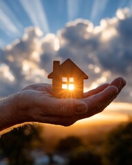 Hand holds home towards radiant sky