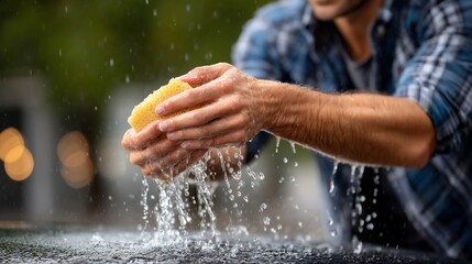Hands wringing sponge water cascading down
