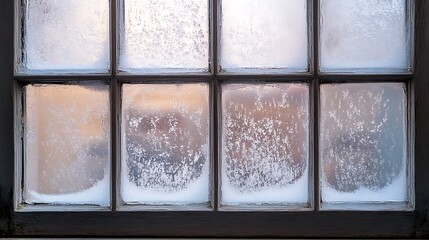 Frozen winter window panes with frosty patterns.