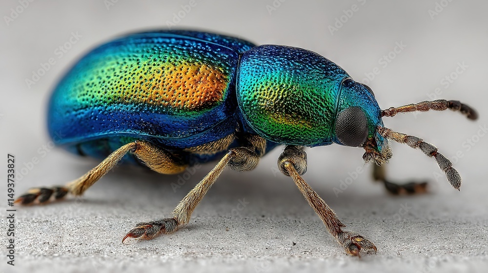 Poster close-up of multicolored beetle on white surface with one eye open and other closed