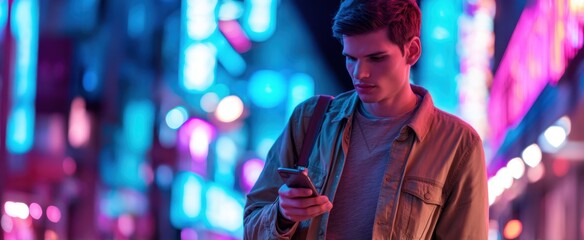 Obraz premium The young man using his smartphone in a vibrant neon-lit city street.