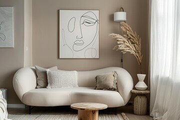 Stylish neutral living room with modern art curved sofa and natural wood accents