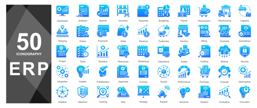 Gradient blue glyph icons for ERP apps and analytics tools.      