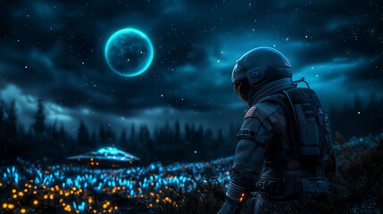 Obraz premium Astronaut explores alien planet under a lunar sky with glowing flora