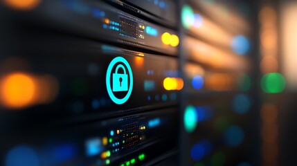 Close-up of a digital lock icon symbolizing data protection against a backdrop of a blurred server rack, featuring colorful light trails emphasizing encryption