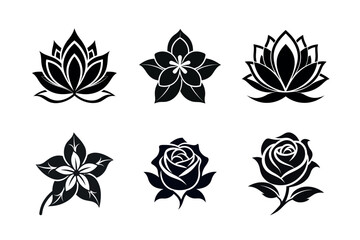 set of black and white flowers Silhouette icon set on white background