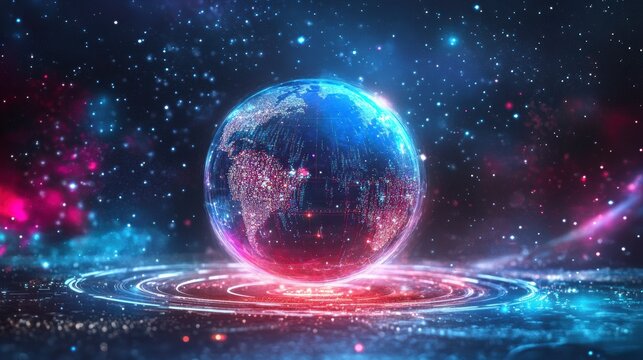 Futuristic glowing Earth globe with digital network connections and cosmic background.