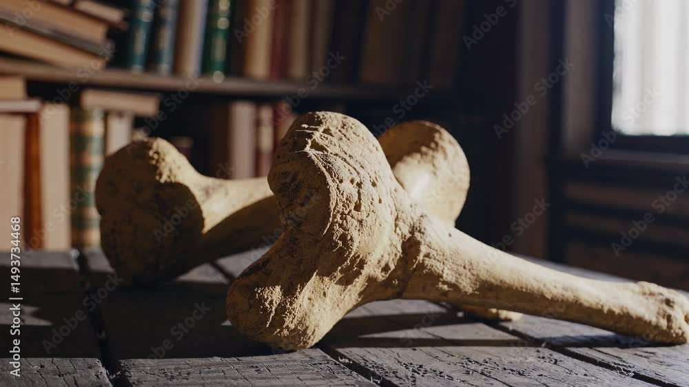 Poster close-up of large bones on a wooden table in a dimly lit library, creating a mysterious, cinematic v